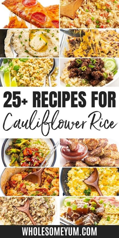 Collage of cauliflower rice recipes. Cauliflower Rice Uses, Recipes That Use Cauliflower Rice, Cauliflower Rice With Veggies, Dishes With Cauliflower Rice, What To Make With Riced Cauliflower, Bowls With Cauliflower Rice, Things To Make With Cauliflower Rice, Uses For Cauliflower Rice, How To Use Cauliflower Rice