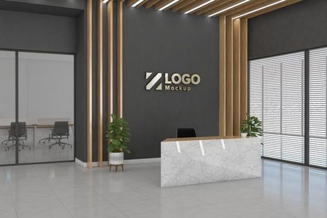 Reception Wall Design Modern, Logo Wall Design Office Branding, Office Logo Wall Design, Reception Back Wall Design, Office Lobby Reception Waiting Area, Creative Reception Desk Design, Office Logo Wall, Modern Reception Desk Design, Reception Interior