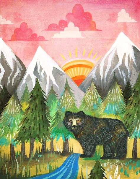 Sunrise Bear Print | Outdoorsy Wall Art | Nursery Decor | Watercolor Painting | Katie Daisy | 8x10  (18.00 USD) by thewheatfield Katie Daisy, Daisy Art, Bear Wall Art, Mountains Are Calling, Acrylic Artwork, The Mountains Are Calling, Daisy Print, Bear Print, Pics Art