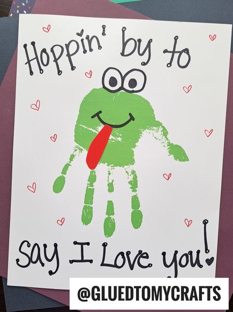 Kids Handprint Valentine Crafts, Hand Print Craft Ideas, Handprint Frog Craft, Kindergarten Handprint Art, Frog Handprint Art, May Art Projects For Toddlers, Daycare Handprint Crafts, Art Projects For Grandparents, F Handprint Craft