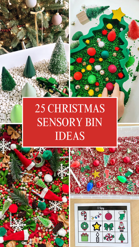 A vibrant collage of Christmas sensory bin ideas for kids, filled with colorful beads, themed toys, and interactive elements for holiday fun. Sensory Bin Christmas Ideas, Christmas Theme Sensory Bin, Sensory Kit Ideas, Christmas Themed Sensory Bins, Simple Sensory Bins, Christmas Sensory Table Ideas, Christmas Sensory Bin Preschool, December Homeschool, Christmas Sensory Activities