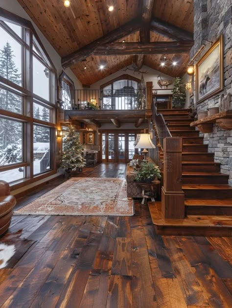 Beautiful Rustic Homes, Large A Frame Cabin, Mountain House Aesthetic Exterior, Mountain Home Aesthetic, Cabin Mansion Interior, Mountain House Aesthetic, Timberframe Homes Plans, Log Cabin Mansions Dream Homes, Winter Cabin Mansion Exterior