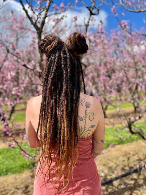 #spacebuns #blossoms #spring #dreadlocks #dreadlockstyle #backtattoo #ombre #hair #altstyle Dreadlock Space Buns, Dark Mori, Space Buns, Natural Styles, Granola Girl, Ombre Hair, Buns, Hair Inspo, Dreadlocks