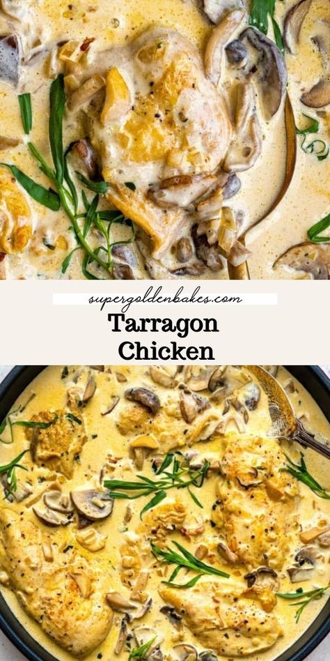 This creamy Tarragon Chicken recipe is quick enough for a weeknight meal but fancy enough for a dinner party! Tender chicken breasts cooked in a creamy sauce with mushrooms and the unique taste of tarragon. Easy Fancy Dinner Recipes, Tarragon Chicken Recipe, Chicken Breast Oven Recipes, Tarragon Recipes, Tarragon Sauce, Tarragon Chicken, Creamy Chicken Recipes, Chicken Recipes Boneless, Fancy Dinner Recipes