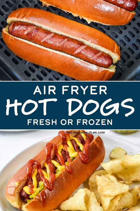 You won't believe how easy it is to make Air Fryer Hot Dogs from fresh or frozen! This easy hot dog cooking method takes less than 10 minutes, including the toasty bun! Perfect for weeknight dinners! #airfryer #hotdogs #airfryerrecipes ProjectMealPlan.com Airfryer Hotdogs, Air Fryer Hot Dogs, Fried Hot Dogs, Pulled Pork Leftovers, Air Fried Food, Air Fryer Oven Recipes, Air Fry Recipes, Hot Dog Recipes, Vegan Sausage