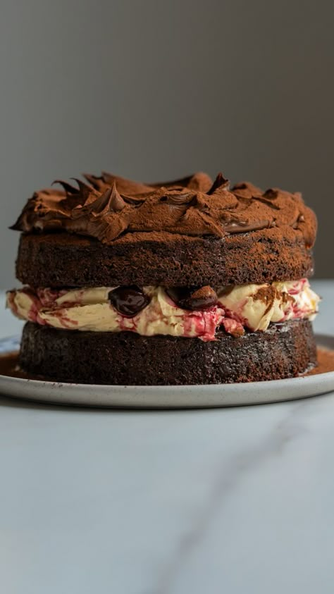 Black Forest-Inspired Chocolate, Vanilla Cherry & Mascarpone Layer Cake with Chocolate Ganache Cherry Mascarpone, Feast Recipes, Cake With Chocolate Ganache, Banana Chocolate Chip Muffins, Chocolate Chip Muffins, Decadent Chocolate, Family Birthdays, Chocolate Ganache, Chocolate Desserts