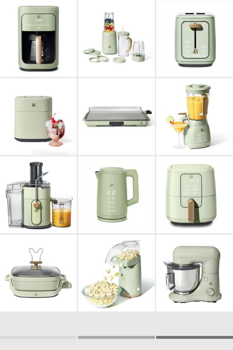 Beautiful Sage Green Small Kitchen Applicances by Drew Barrymore at Walmart - Walmart Finds Drew Barrymore Appliances In Kitchen, Cottagecore Kitchen Appliances, Sage Green And Gold House Decor, Sage Green Decor Kitchen, Sage Green Dishes, Green Kitchen Accessories Decor, Cute Kitchen Appliances Aesthetic, Pretty Kitchen Appliances, Green Kitchen Items