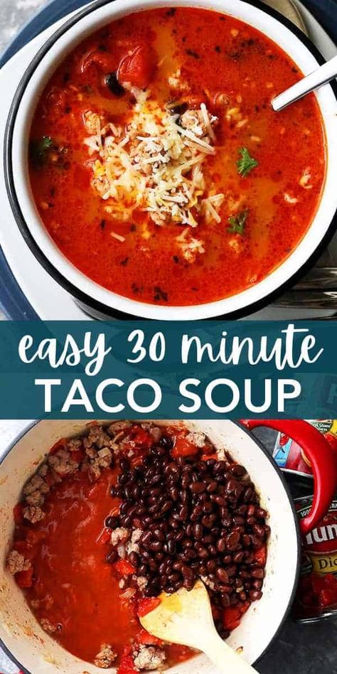 Whip up this cozy one-pot Taco Soup in no time! Made with tomatoes, enchilada sauce, beans, and ground beef, it's a hearty meal that comes together in just 30 minutes. It's perfect for busy weeknights when you need something warm and filling. #tacotuesdays #tacosoup Beans And Ground Beef, Weight Drinks, Taco Tuesday Recipes, Red Pepper Soup, Taco Soup Recipe, Red Enchilada Sauce, Hearty Meal, Taco Soup, Tomato Juice