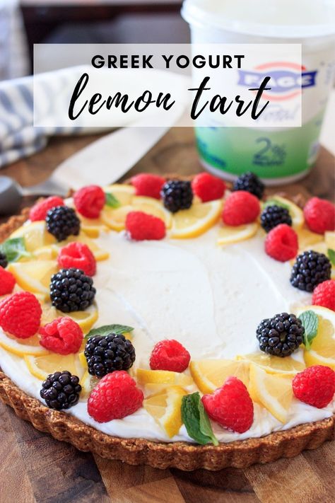 AD This light lemon yogurt tart is the perfect light treat! The no bake sweet and tangy yogurt based filling is made with a few simple ingredients and nestled in a delicious, nutty almond crust (gluten-free too). @fageusa Total Plain Greek Yogurt creates a creamy and delicious lemon inspired filling for a lightened up treat! Top with your favorite berries and you have an easy, beautiful and delicious dessert to enjoy year round. #FAGE #PlainExtraordinary Greek Yogurt Tart, Yogurt Tart Recipe, Healthy Fruit Tart, Fage Yogurt Recipes, Golo Meals, Yogurt Tart, Lemon Dinner, Fruit Tart Filling, Greek Yogurt Dessert