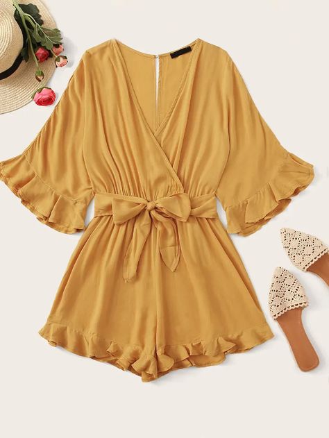 Surplice Neck Ruffle Hem Belted Romper | SHEIN Bahama Outfits, Belted Romper, Jumpsuit Dressy, Two Piece Jumpsuit, Debt Collection, Flounce Sleeve, Neck Ruffle, Shein Style, Pop Fashion