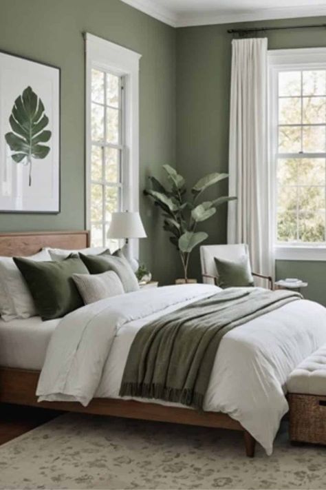 Sage Advice: Mastering Sage Green in Your Bedroom Decor - West Magnolia Charm Olive Green And White Bedroom Ideas, Green Accent Wall Master Room, Gray Headboard Green Walls, Sage Green Gray Bedroom, Guest Room Sage Green, Calming Decor For Bedroom, Neutral Room With Green Accents, Sage Green And Grey Room Ideas Bedroom, Guest Room Green Accent