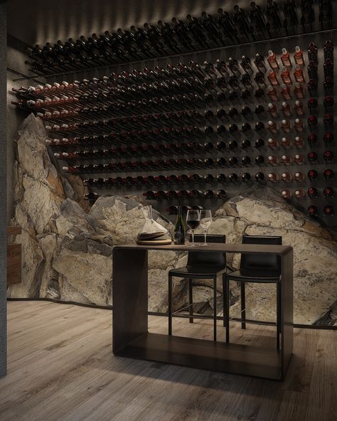 chic contemporary Interior mansion minimal minimalistic modern modernism Private Residence Stone Wine Cellar, Wine Store Design, Wine Room Design, Wine Cave, Home Wine Cellars, Wine Cellar Design, Cellar Design, Wine House, Wine Wall