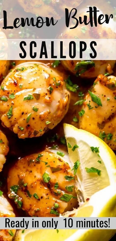 Lemon Butter Scallops Recipe, Lemon Butter Scallops, Butter Scallops, Seafood Recipes Scallops, Seafood Dish Recipes, Date Night At Home, Infused Butter, Fish Dinner Recipes, Pan Seared Scallops