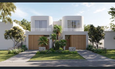 Dual Occupancy Design, Duplex Facade, 2 Storey Hamptons Facade, Double Story Coastal Facade, Hamptons Two Storey Facade, Duplex Exterior, Two Storey Queenslander, Australian House Plans Two Storey, Coastal Facade