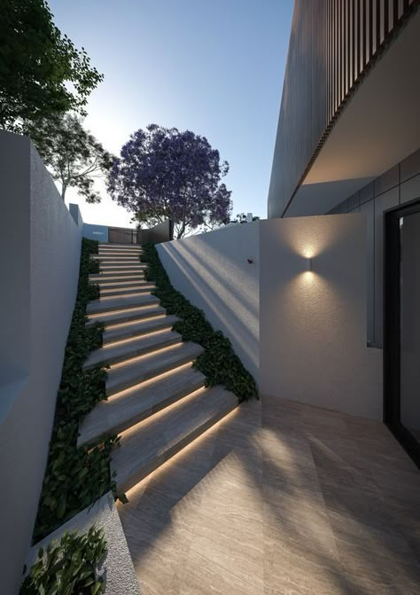 Pinterest Outside Stairs Design, Suspended Stairs, Front House Garden, External Stairs, Stairs Outdoor, Outside Stairs, Brisbane Architects, Modern Wedding Ceremony, Stairway Lighting