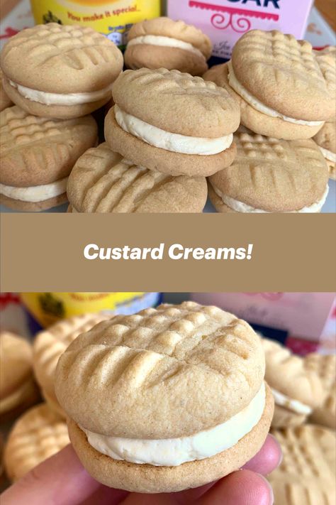 Custard Cookies Recipes, English Biscuit Recipe, Custard Filled Cookies, Biscuit Recipe Uk, Custard Cream Biscuits Recipe, British Custard Creams, Custard Cream Biscuits, Custard Kisses Biscuits, Empire Biscuit Recipe