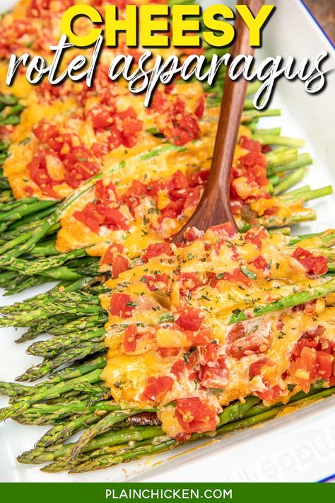 Cheesy Rotel Asparagus - easy baked asparagus recipe loaded with tons of Mexican flavors. Low-carb, keto-friendly, and gluten-free. Super simple to make with very little prep time and is ready to eat in under 30 minutes. Asparagus, mayonnaise, cheddar cheese, taco seasoning, and Rotel diced tomatoes and green chiles. A great way to get your family to eat their veggies. Add this to your menu ASAP! Super Moist Cornbread, Ww Sides, Simple Sides, King Ranch Chicken Casserole, Cheese Taco, Slow Cooker Breakfast Casserole, Creamed Beef, Grilled Taco, Mexican Flavors