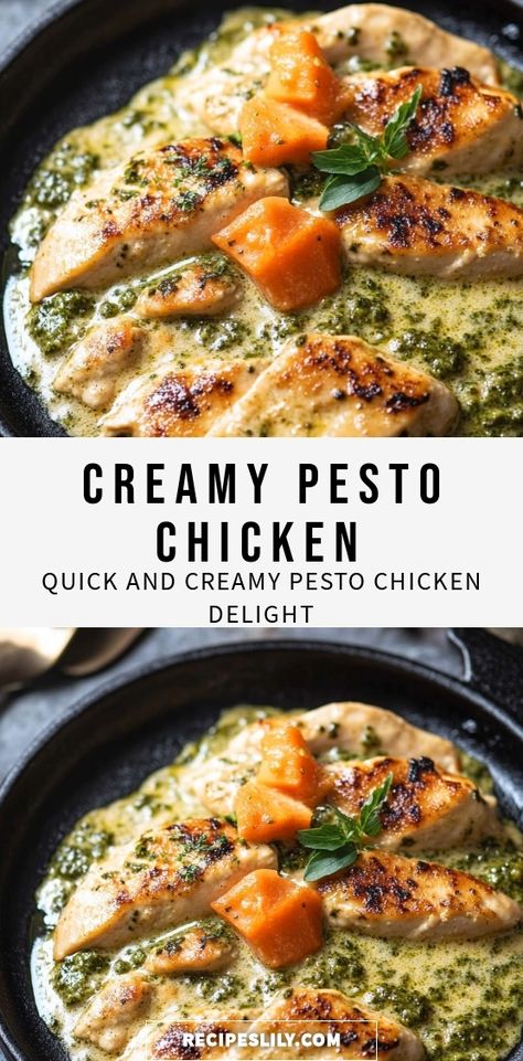 Indulge in a deliciously creamy pesto chicken that brings comfort food to a whole new level! Juicy chicken breasts are smothered in a rich, homemade pesto sauce made with fresh basil, garlic, and creamy goodness. Perfect for a quick weeknight dinner or a special gathering, this dish is sure to impress. Serve it with pasta or over rice for a complete meal that’s bursting with flavor. Discover the secret to effortless gourmet dining right at home! Easy Delicious Chicken Breast Recipes, Pesto Chicken Dinner Ideas, Chicken Pesto Ravioli, Creamy Garlic Pesto Chicken, Pesto Chicken Recipes Pasta, Pesto And Chicken Recipes, Chicken Pesto Pasta Recipes Easy, Chicken Basil Pesto Recipes, Chicken With Pesto Recipes