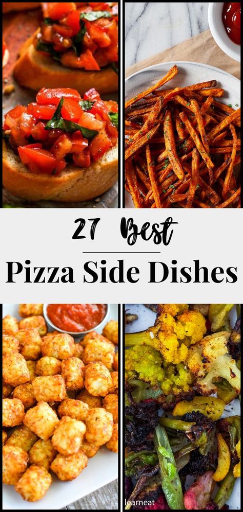 Collage of side dishes that go with your next pizza night or pizza party. Easy Meals Gluten Free, Sides For Pizza, What To Serve With Pizza, Pizza Night At Home, Pizza Side Dishes, Meals Gluten Free, Pizza Sides, Mexican Pizza Recipe, Buffalo Cauliflower Recipes