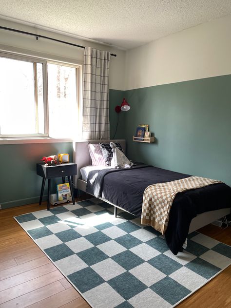 Upgrade boys room with a 2/3 painted wall in Underseas by Sherwin Williams Boys Room Paint Ideas Color Schemes, Teal Boys Bedroom, Sherwin Williams Underseas, Teal Bedroom Paint, Boys Room Paint Ideas, Boy Room Accent Wall, Boys Room Paint Colors, Teal Wall Colors, Sage Room