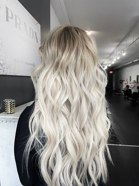 Ice Blonde Extensions, Rooted Blonde Hair Extensions, Bright Blonde Hair Extensions, Platinum Blonde Balayage On Brown Hair, Ice Blonde Balayage Dark Roots, Bright Blonde With Dark Roots, Highlights On Brown Hair Balayage, Brown Hair With Blonde Balayage, Blonde Highlights On Brown