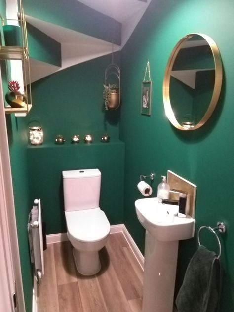 Small Downstairs Toilet Ideas Green, Green Toilet Ideas, Green Downstairs Toilet Ideas, Emerald Green Downstairs Toilet, Green And Gold Toilet, Small Green Toilet, Green Toilet Room, Green Downstairs Toilet, Green Cloakroom Toilet