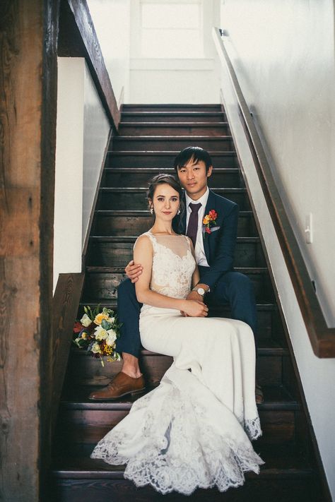 Bride and groom sitting on steps of stairs inside house / Ethical Wedding inspiration Stairs Inside House, Sitting Couple Poses, Poses On Stairs, Bride And Groom Sitting, Photoshoot Couple Poses, Wedding Stairs, Prom Photography Poses, Prom Picture Poses, Ethical Wedding