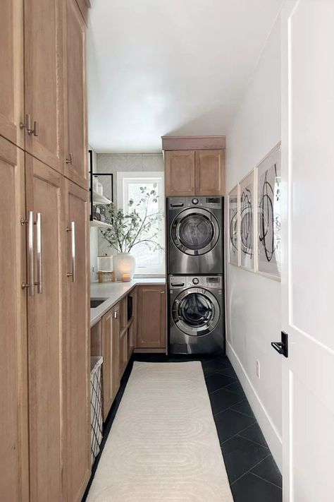 Pantry To Laundry Room, Long Narrow Laundry Rooms, Long And Narrow Laundry Room Ideas, Butler Pantry With Washer And Dryer, Laundry Room Ideas Wood Cabinets, 6x6 Laundry Room Ideas, Narrow Butlers Pantry With Laundry, Master Laundry Room, Contemporary Laundry Room Ideas