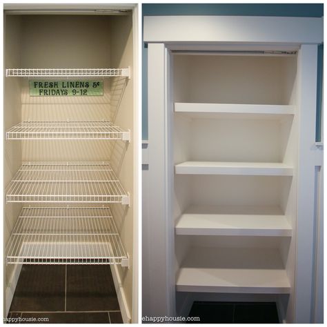 A step by step tutorial about how to replace builder basic wire shelves with DIY custom wood shelves to give your closet a solid high end feel. Wooden Closet Shelves, Office Closet Ideas, Linen Closet Shelves, Diy Closet Shelves, Mini Closet, Wire Closet Shelving, Wooden Closet, Wire Shelves, Pantry Makeover