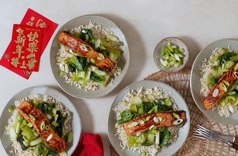 Simple Chinese Recipes, Hoisin Salmon, Salmon With Rice, Chinese Takeaway, Tesco Real Food, Pak Choi, Salmon And Rice, Easy Chinese Recipes, Midweek Meals