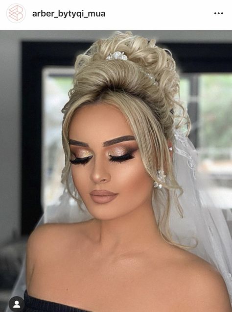 Wedding Hair Updo High, Hair Updo High, Updo High, Glam Bride Makeup, Dramatic Wedding Makeup, Wedding Hair Updo, Classic Wedding Hair, Wedding Eye Makeup, Glam Wedding Makeup