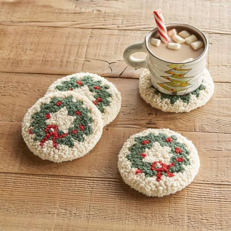 Wool Coasters, Christmas Punch, Rug Hooking Patterns, Punch Needle Patterns, Craft Punches, Christmas Coasters, Sundance Catalog, Punch Needle Embroidery, Needle Punch