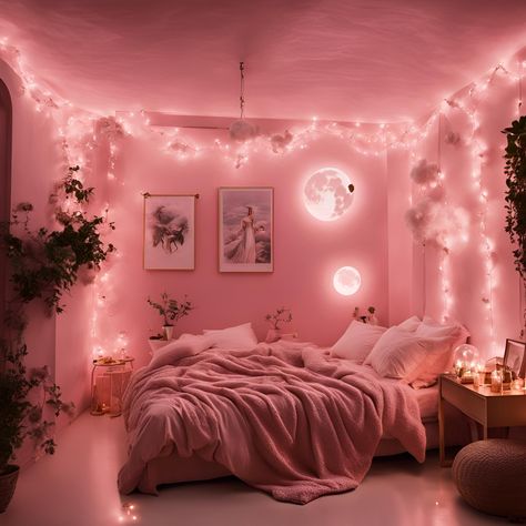 Cherry Blossom Room Aesthetic, Pink Led Lights Bedroom, Pink Girly Room Aesthetic, Pink And White Room Ideas, Guest Room Aesthetic, Minimalist Bedroom Pink, Beige And Pink Bedroom, Soft Pink Room Aesthetic, Pink Girly Bedroom