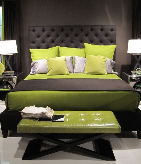 Upholstered gray bed styled with greens and stainless accent tables. Upholstered Grey Bed, Chartreuse Decor, Lime Green Bedrooms, Green Bedroom Design, Green Bedroom Decor, Teal Bedroom, Dekorasi Kamar Tidur, Green Bedroom, Green And Gray