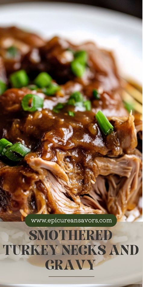 This Smothered Turkey Necks and Gravy recipe is a must-try! Tender turkey necks slow-cooked in a rich, homemade gravy. Serve with rice or cornbread for the ultimate Southern comfort food. Turkey Necks And Gravy, Smothered Turkey Necks, Smothered Turkey, Southern Recipe, Turkey Neck, Southern Comfort Food, Homemade Gravy, Comfort Food Southern, Gravy Recipe