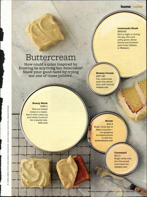 buttercream Buttercream Paint Colors, Farmhouse Yellow Paint Colors, Pale Yellow Kitchen Walls, Butter Yellow Paint, Buttercream Paint, Pale Yellow Kitchens, Pale Yellow Paints, Yellow Rooms, Paint Palettes