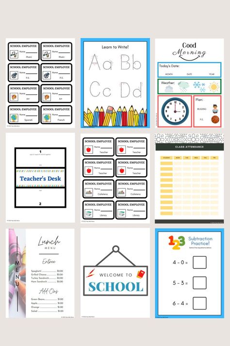 Free pretend play school printable set. Printable pages to enhance dramatic teacher and school play for kids. Attendance sheet, employee name tags, morning meeting poster. Ideas for preschool dramatic play. #dramaticplay #preschool #pretendplay #dramaticplayprintables #preschoolprintables #preschoolcenters #dramaticplaythemes #pretendschool #pretendteacher Pretend School Dramatic Play, School Dramatic Play Center, Teacher Dramatic Play Preschool, Teacher Dramatic Play, Dramatic Play Teacher Theme, Pretend Teacher Ideas For Kids, Dramatic Play School Theme, Back To School Dramatic Play Preschool, Dramatic Play School