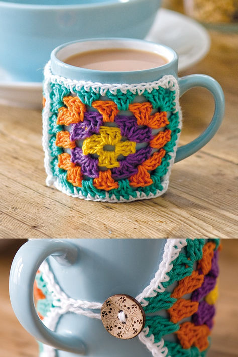 Add a splash of personality to your morning cuppa with a cute crocheted mug cosy. Crochet Granny Square Cup Cozy, Granny Square Cup Cozy Free Pattern, Cup Cosy Crochet Pattern, Mug Cozy Crochet, Crochet Craft Fair, Mug Cover, Crochet Mug, Crochet Mug Cozy, Granny Square Projects