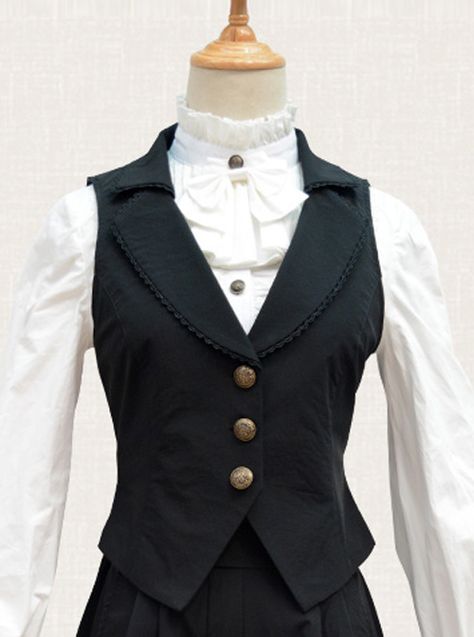 Buy Black Chiffon Handsome Elegant Retro Classic Lolita Vest on Lolitain.com. Choose your perfect classic lolita dress, gothic lolita dress, and more. Regular discounts up to 50% off. Black Vest Outfit, Fair Outfit, Black And White Suit, Fancy Suit, Classic Lolita, Academia Fashion, Chiffon Fashion, Victorian Clothing, Black Chiffon