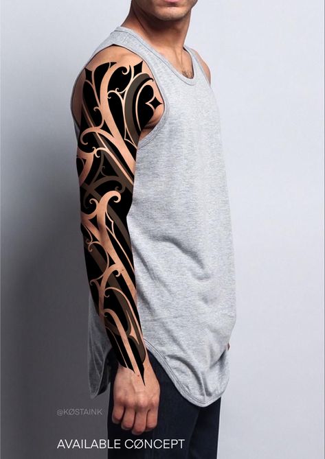 Ornamental style arm tattoo sleeve design on male body Ornamental Sleeve Tattoo, Ornamental Tattoo Sleeve, Brutal Tattoo, Tattoo Learning, Arm Tattoo Sleeve, Tattoo Arm Sleeve, Full Sleeves Design, Geometric Mandala Tattoo, Ancient Tattoo