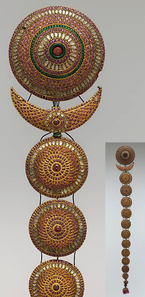 India - probably Madras | 'Jadanagam' ~ plait ornament; gold inset with rock crystals, rubies, emeralds and amethysts.  L:  60 cm | ca. 18th - 19th century Ancient Jewels Indian, Tamil Nadu Jewellery, Antique Indian Jewellery 18th Century, Dasavataram Brass, Ceremonial Temple Jewelry In Brass, Temple Jewelery, Kerala Jewellery, Nepali Jewelry, Kundan Jewellery Bridal