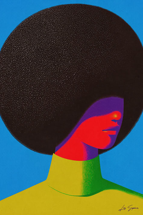 Graphic portrait of a person with a large, textured afro, vibrant red and purple facial tones, and a bright blue and yellow background, embodying Afro Futurism with bold, modern aesthetics. Contemporary Black Art, Black Art History, Afro Futuristic Art, Afro Pop Art, Black Sculpture Art, Afro Surrealism Art, Afrofuturism Art Illustrations, Afrocentric Art Painting, Afro Art Paintings