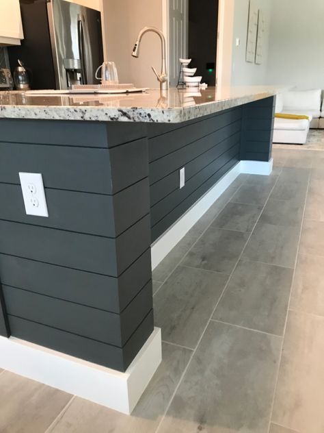 Kitchen island makeover Kitchen Island Tile Ideas Modern, Island Siding Ideas, Shiplap Islands In Kitchen, Kitchen Island Siding Ideas, Island Shiplap Kitchen, Kitchen Island Wall, Shiplap Kitchen Ideas, Wood Wrapped Kitchen Island, Kitchen Island Side Panel Ideas