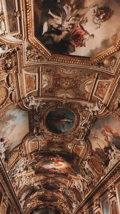 Baroque Aesthetic Wallpaper, Louvre Wallpaper, Baroque Aesthetic, Louvre Art, Museum Louvre, Ceiling Painting, Castle Aesthetic, Architecture Wallpaper, Royal Aesthetic