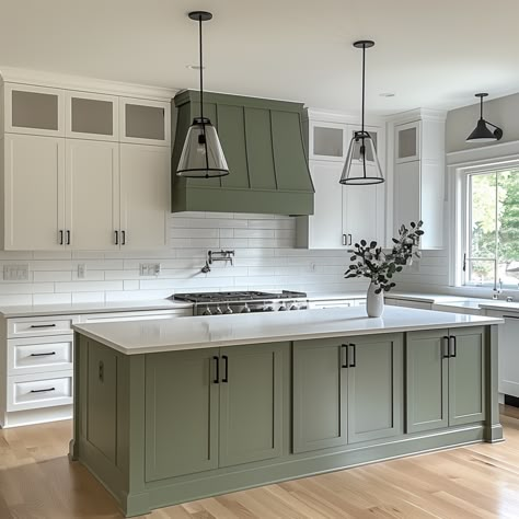 Kitchen With Olive Green Island, White Countertops With Green Cabinets, White Counters Green Cabinets, Dark Green And White Cabinets, Olive Green Kitchen Island White Cabinets, Green Painted Island Kitchen, Olive Island Kitchen, Sage Black And White Kitchen, Dark Green Island White Cabinets