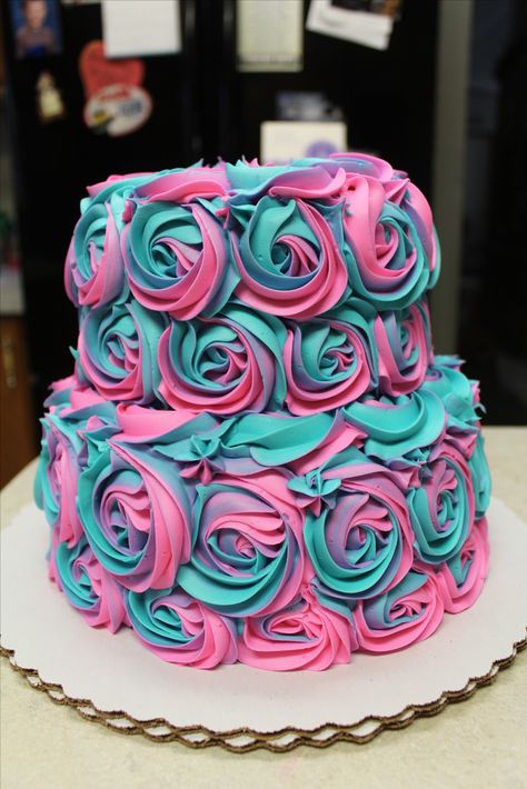 Pink And Teal Birthday Cake, Swirl Cake Design, Teal And Pink Cake, Rose Swirl Cake, Teal Cake, Birthday Cake Cookies, Swirl Cake, Rosette Cake, Cookie Cake Birthday