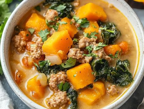 Creamy Turkey and Butternut Squash Soup - Tastecove Turkey And Butternut Squash Soup, Butternut Squash Turkey, Cheeseburger Pasta Skillet, Squash Chili Recipe, Butternut Squash Chili Recipe, Butternut Squash Benefits, Traditional Chili Recipe, Squash Chili, Butternut Squash Chili