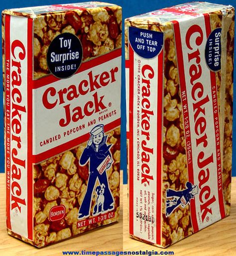 cracker jack box | Unopened ©1968 Cracker Jack Pop Corn Confection Box Jack Pop, Peanut Popcorn, Vintage Food Labels, Peanut Candy, Cracker Jack, Candy Popcorn, Cracker Jacks, Tv Dinner, Box Toys