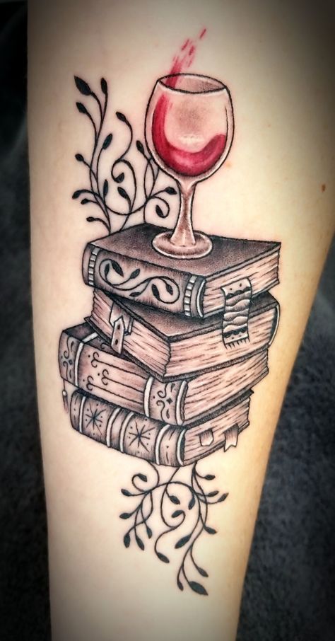 A combination of two of my favorite loves! This was created with a couple pinned ideas and the amazing talents of my tattoo artist! Writer Tattoo, Reading Tattoo, Wine Glass Tattoo, Books Tattoo, Wine Tattoo, Warrior Tattoo Sleeve, Cute Owl Tattoo, Mum Tattoo, Bookish Tattoos