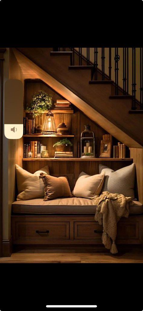 Tiny Book Nook Ideas, Book Nook Under Stairs, Under Stairs Book Nook, Under Stairs Bookshelf, Under The Stairs Reading Nook, Living Room With Stairs, Stair Bookshelf, Cosy Nook, Stair Ideas